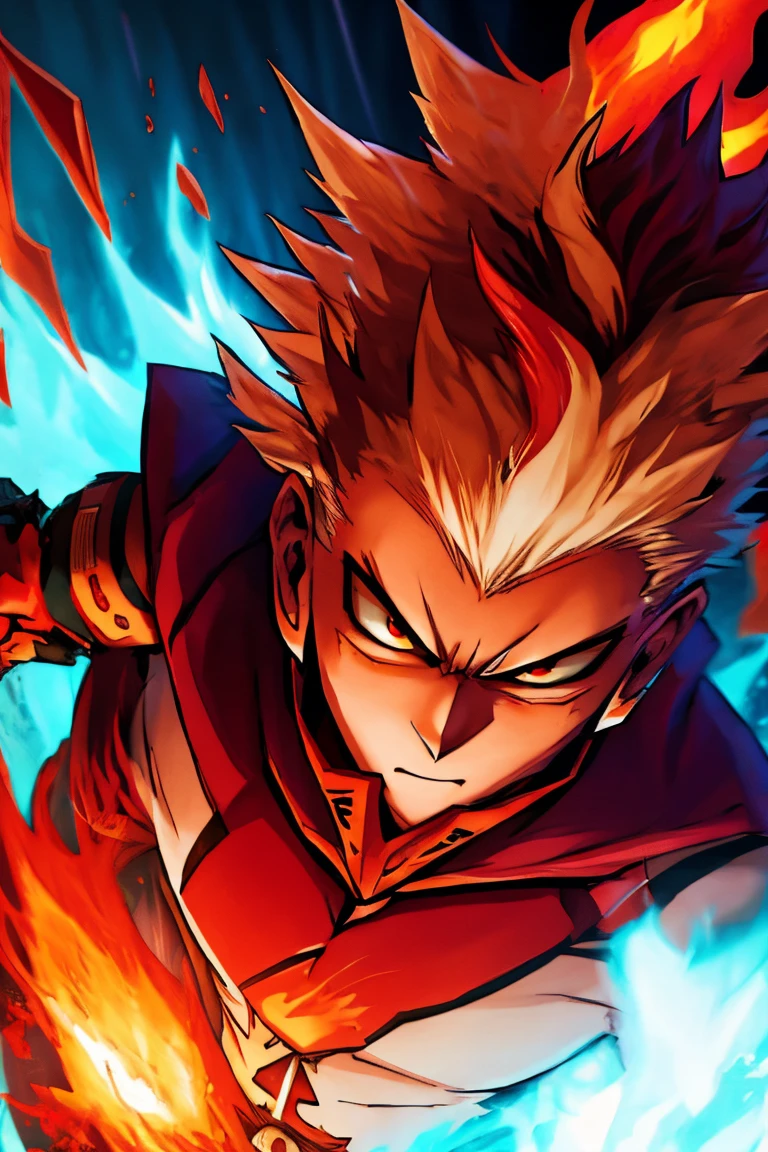 A young man with strong red hair, spiky hair, Look of Fury, kitsune mouth mask, fury fox, blood red fire.