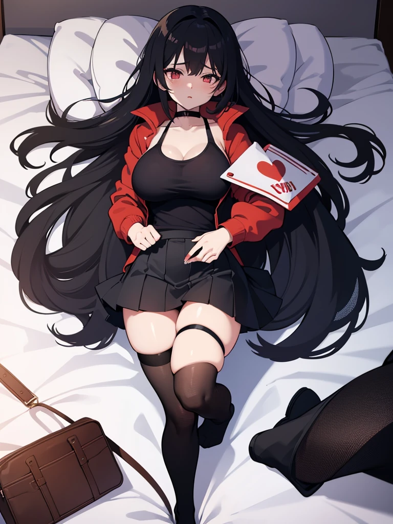 Anime girl, love sign , full body, bed, black stocking, big breast, open breast, tight skirt , black skirt, black tank top, red jacket, open jacket , embarrased face, get fucked