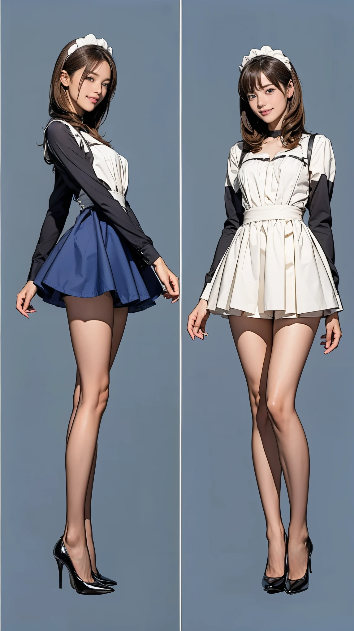 ((masterpiece)),(((Highest quality))),((Character design sheet)),Thin thighs,Long legs,Bunny girl in a light blue maid outfit:1.5,Wearing light blue tights:1.5,The best smile:1.5,Full Body Shot:1.5,Gray background:1.5,Wearing black high heels:1.5,short side waves:1.5,