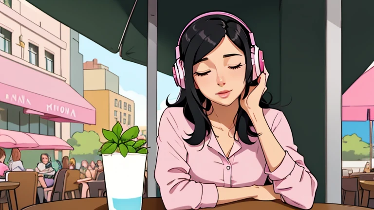 Beautiful woman in her 30s with black hair is sitting with headphones on the cafe terrace. Looking down, eyes closed, LOFI girl, alone in the room, pink blouse, relaxing mood, cozy, only five fingers, new york, colorful, Well-proportioned face