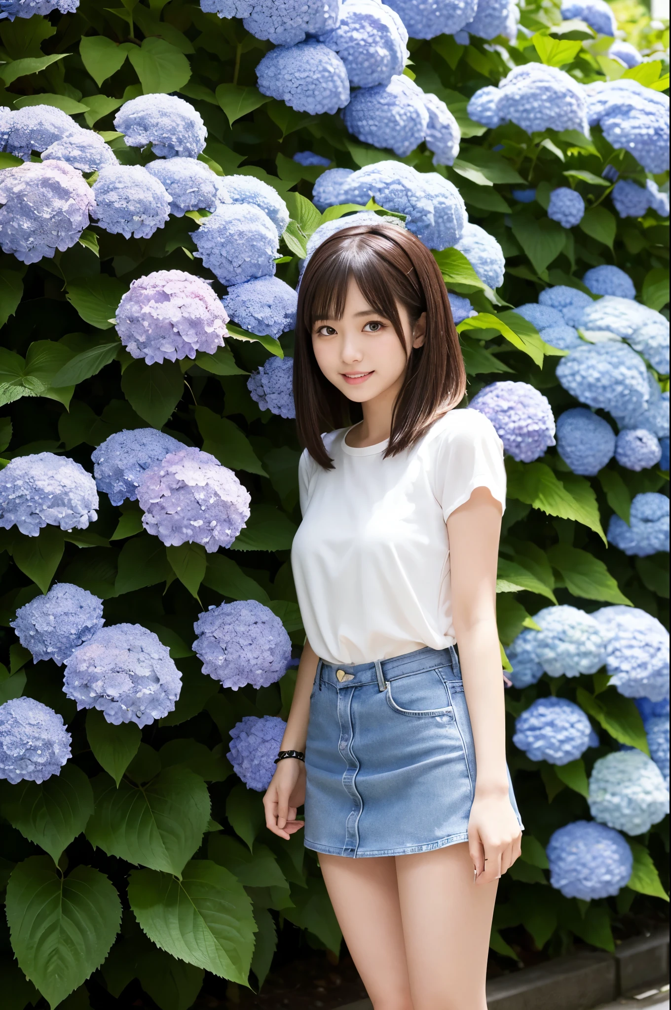 A 21-year-old girl wearing a miniskirt、In the hydrangea park。
