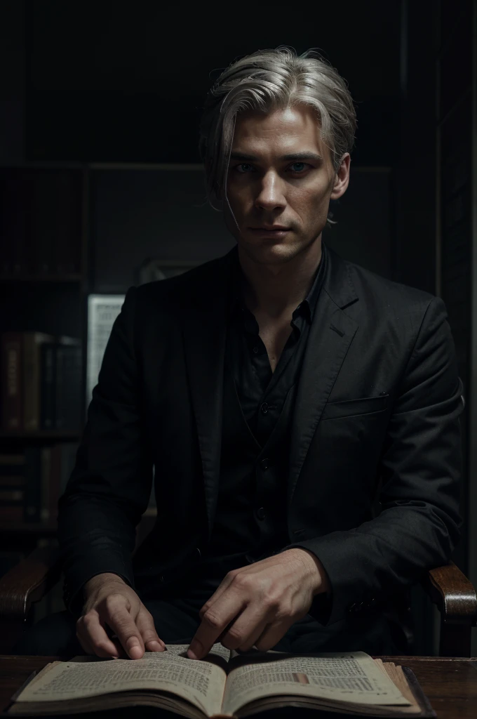 a handsome man, 25 years old, sickly, in a black suit sitting down on a red chair reading a book, extremely detailed face, beautiful blue eyes, white hair, detailed portrait of a sinister librarian, inspired by Ushiromiya Battler and Kinzo, Cillian Murphy's facial features, call of cthulhu style, photorealistic, dramatic lighting, chiaroscuro, cinematic composition, intricate details, dark color palette, moody atmosphere