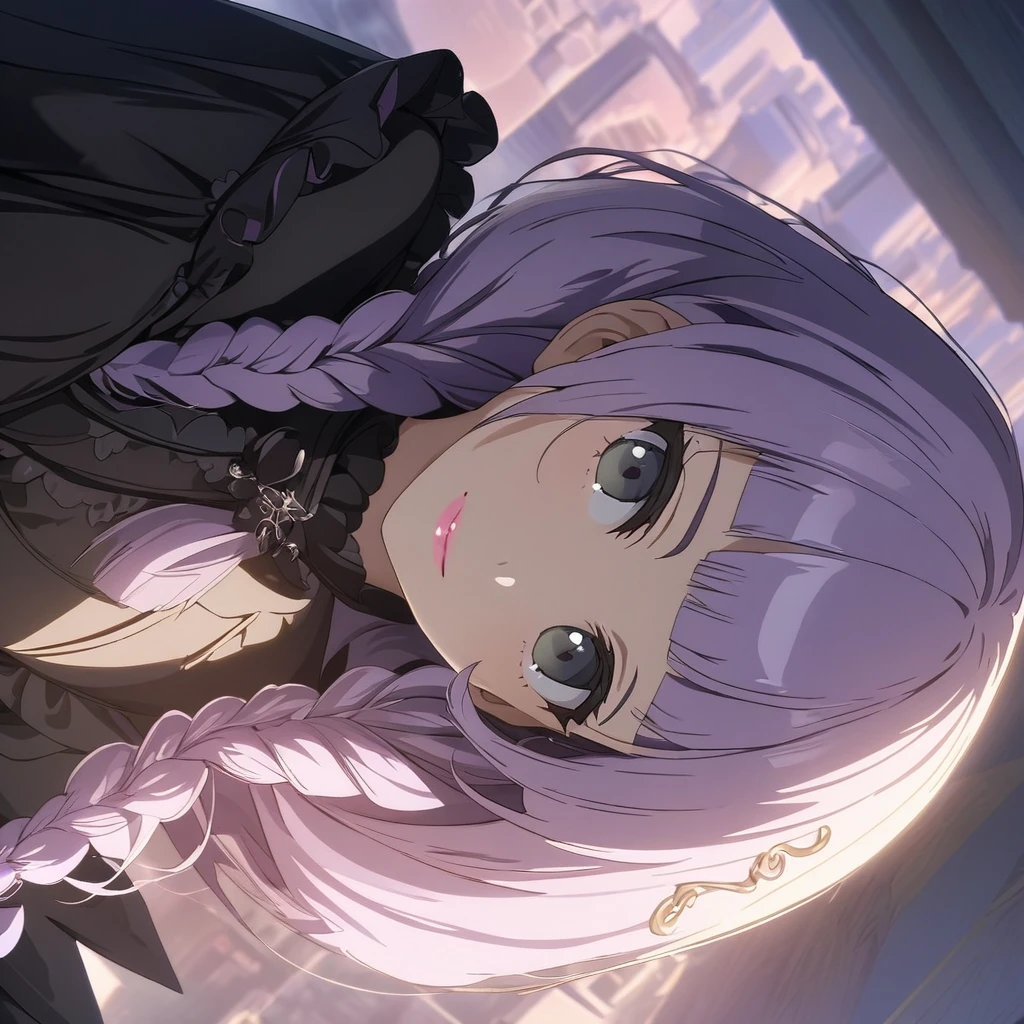 a masterpiece, beautiful eyes, a beautiful face, beautiful depiction, details, solid blue Skyscrapers background, ultra detailed, 8K, (Cute a girl:1.5), (masterpiece:1.3), anime visual, (Black gothic ta outfit, black boots, black parasol, sideways, :1.3 ), (Lovey-dovey:1.5), (tilt head:1.3), extremely delicate face, soft clean focus, realistic lighting and shading, (an extremely delicate and beautiful art:1.3), elegant, (muted colors:1.1),(one girl with closs hair pin,pale purple hair,wavy two braids,blunt bangs hair,green and black eyes.pink lips:1.4), small breast,slim,smile,Slender,morning lit,Glasses,
(masterpiece:1.3), anime visual, small breast,slim,The Moulin Rouge in Paris, mysterious pink light, a slightly dark room,look at viewer,smiling, full body shot, A starry sky, a gentle smile, look at viewer, morning lit,