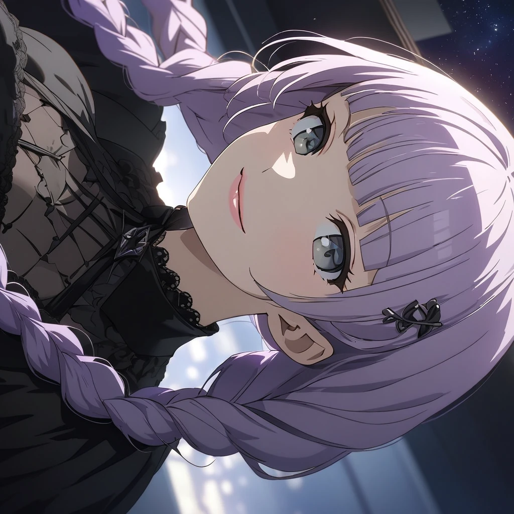 a masterpiece, beautiful eyes, a beautiful face, beautiful depiction, details, solid blue Skyscrapers background, ultra detailed, 8K, (Cute a girl:1.5), (masterpiece:1.3), anime visual, (Black gothic ta outfit, black boots, black parasol, sideways, :1.3 ), (Lovey-dovey:1.5), (tilt head:1.3), extremely delicate face, soft clean focus, realistic lighting and shading, (an extremely delicate and beautiful art:1.3), elegant, (muted colors:1.1),(one girl with closs hair pin,pale purple hair,wavy two braids,blunt bangs hair,green and black eyes.pink lips:1.4), small breast,slim,smile,Slender,morning lit,Glasses,
(masterpiece:1.3), anime visual, small breast,slim,The Moulin Rouge in Paris, mysterious pink light, a slightly dark room,look at viewer,smiling, full body shot, A starry sky, a gentle smile, look at viewer, morning lit,