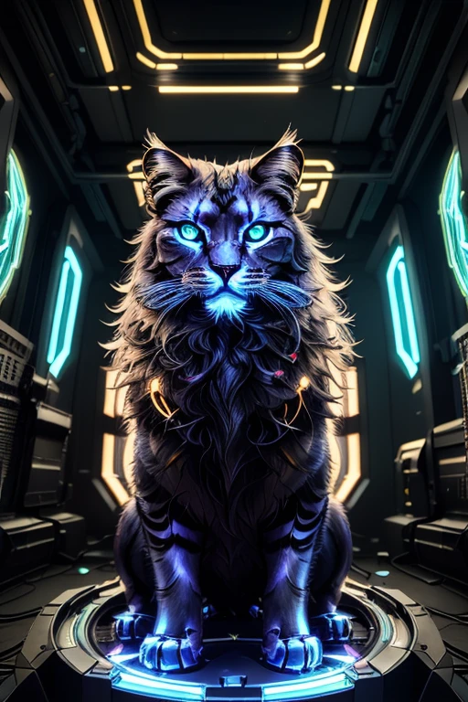 a cyberpunk lion, futuristic cyborg cat, mechanical cat, metal cat, robotic feline, intricate machinery, glowing eyes, neon lights,  , dark moody atmosphere, dynamic composition, cinematic lighting, vibrant colors, digital art, 8k, high quality, masterpiece, photorealistic