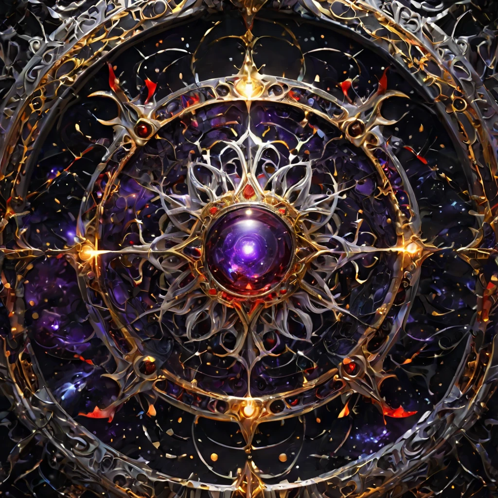 a masterful and gritty digital fantasy painting in the style of Anato Finnstark and Greg Rutkowski, The Cosmos spread open and fold in to welcome an ancient sleeping evil god as it awakens and arises from the black sea of infinity, dark atmoshpere, swirling abstract patterns, bright gold filigree, red black gold and purple colors, beams of light, shattered glass, thin silver arcane intricate inlays in negative spaces, uhd, 8k, bright and vivid colors, intense lighting, award winning masterpiece, extremely detailed, detailed background, cinematic, complex and multidimensional lighting,  xlmrblng15-1300,  