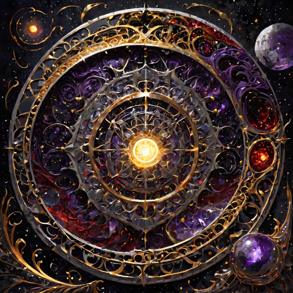 a masterful and gritty digital fantasy painting in the style of Anato Finnstark and Greg Rutkowski, The Cosmos spread open and fold in to welcome an ancient sleeping evil god as it awakens and arises from the black sea of infinity, dark atmoshpere, swirling abstract patterns, bright gold filigree, red black gold and purple colors, beams of light, shattered glass, thin silver arcane intricate inlays in negative spaces, uhd, 8k, bright and vivid colors, intense lighting, award winning masterpiece, extremely detailed, detailed background, cinematic, complex and multidimensional lighting, xlmrblng15-1300,