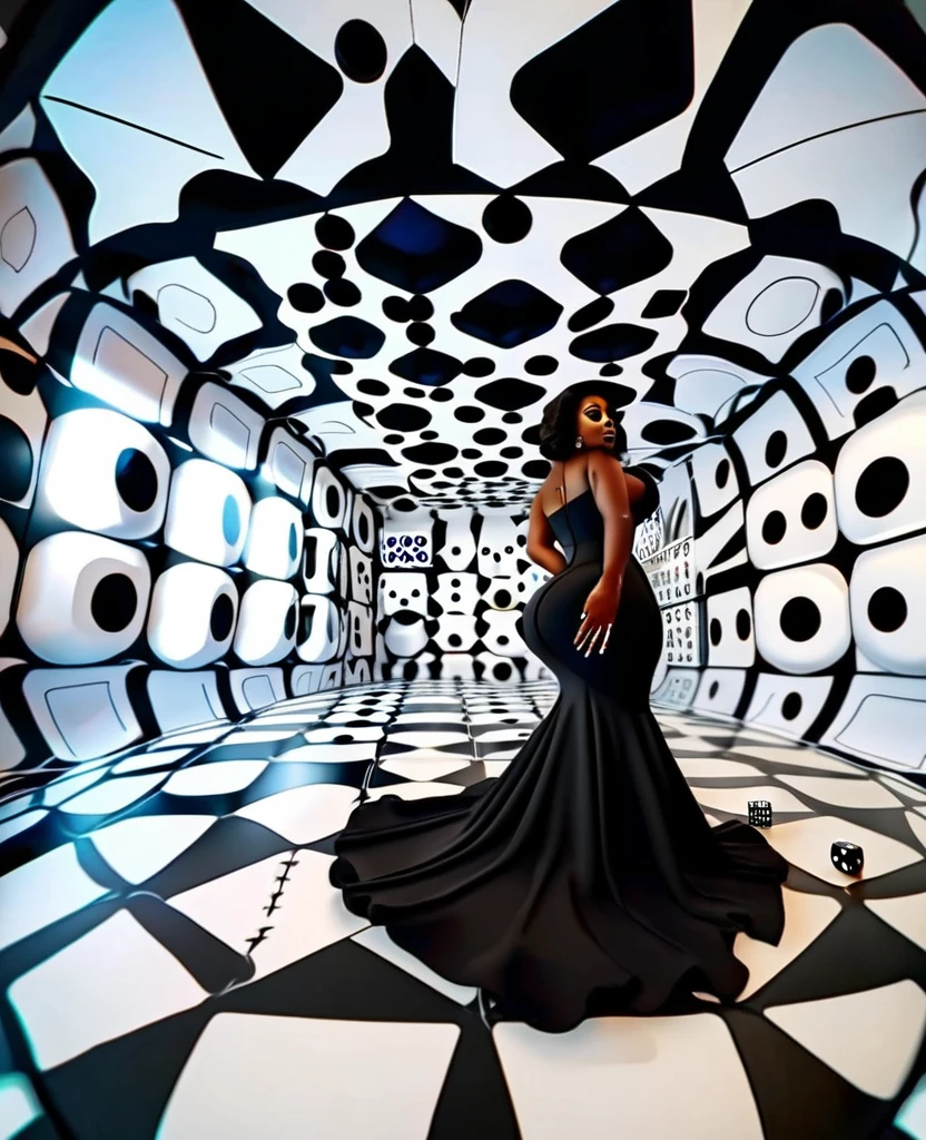 fish eye lens view from a low angle shot of a curvy Black woman in a beautiful dress standing in a dice designed room, with rolling dice designs on the walls, floor and ceilings, 32k ultra HD