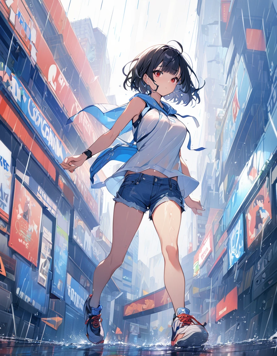 1girl,solo,blunt bangs,19yo,short hair,large breasts,black hair,red eyes, white_sleeveless_hoodie,denim_short-shorts,sneakers, wet,she is running in the sky,rain,panorama view,
