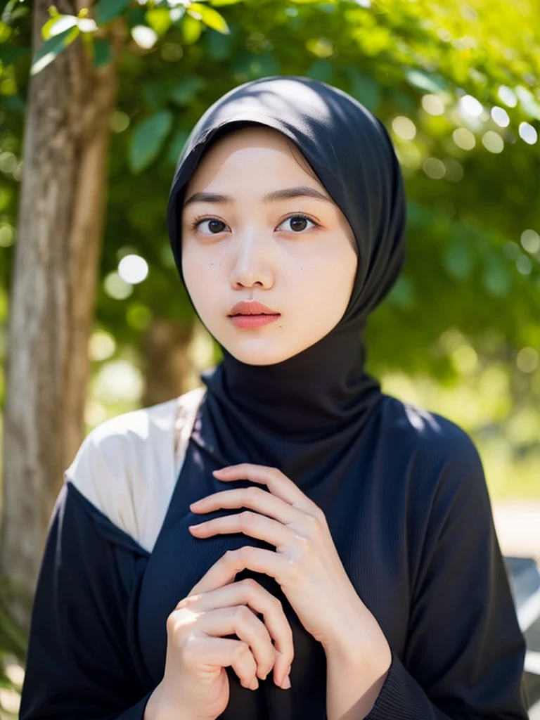 1girl, RAW photo of a 24 year old girl wearing hijab, Masterpiece, 16k, high Resolution, Ultra high Quality, super detailed background, beautiful lighting, Black hijab, solo, park, close up, Hands down, looking at viewer, Indonesia background,(No hand:1.3)