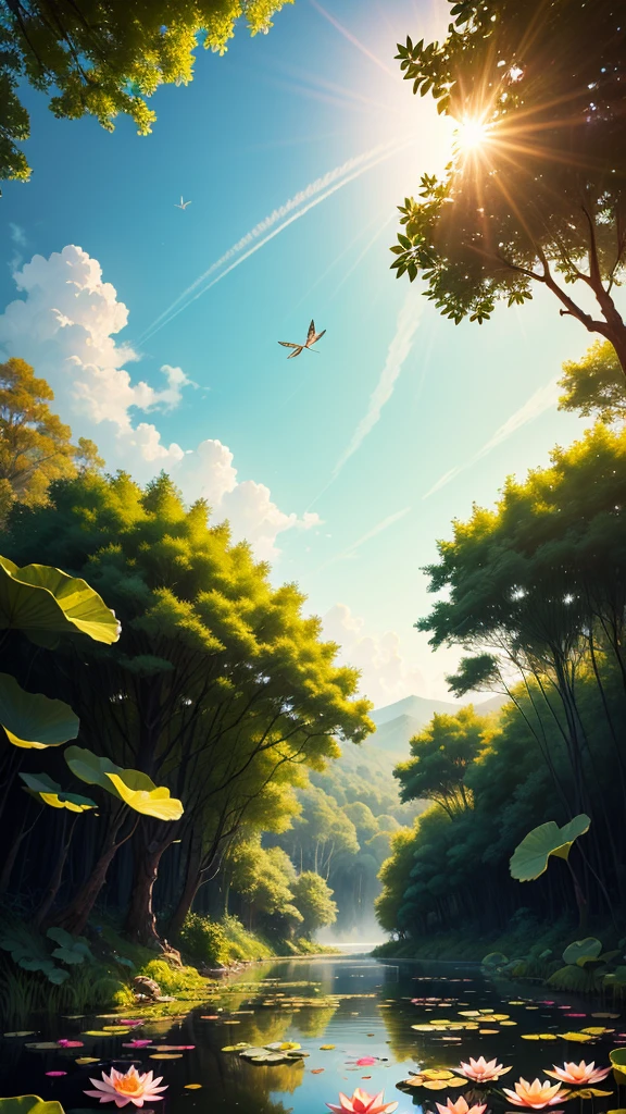 masterpiece, A view of the sky and wilderness from below, Beautifully, Beautiful scenery deep in the lotus pond, dragonfly , (rich and colorful, Sunlight, Cold Light: 1.2) Lotus leaves in the pond. High quality High quality