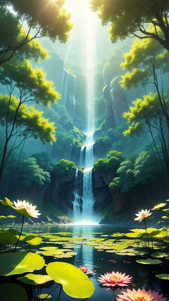 masterpiece, A view of the sky and wilderness from below, Beautifully, Beautiful scenery deep in the lotus pond, dragonfly , (rich and colorful, Sunlight, Cold Light: 1.2) Lotus leaves in the pond. High quality High quality