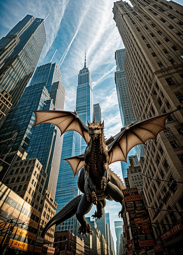 A dragon over the buildings of New York