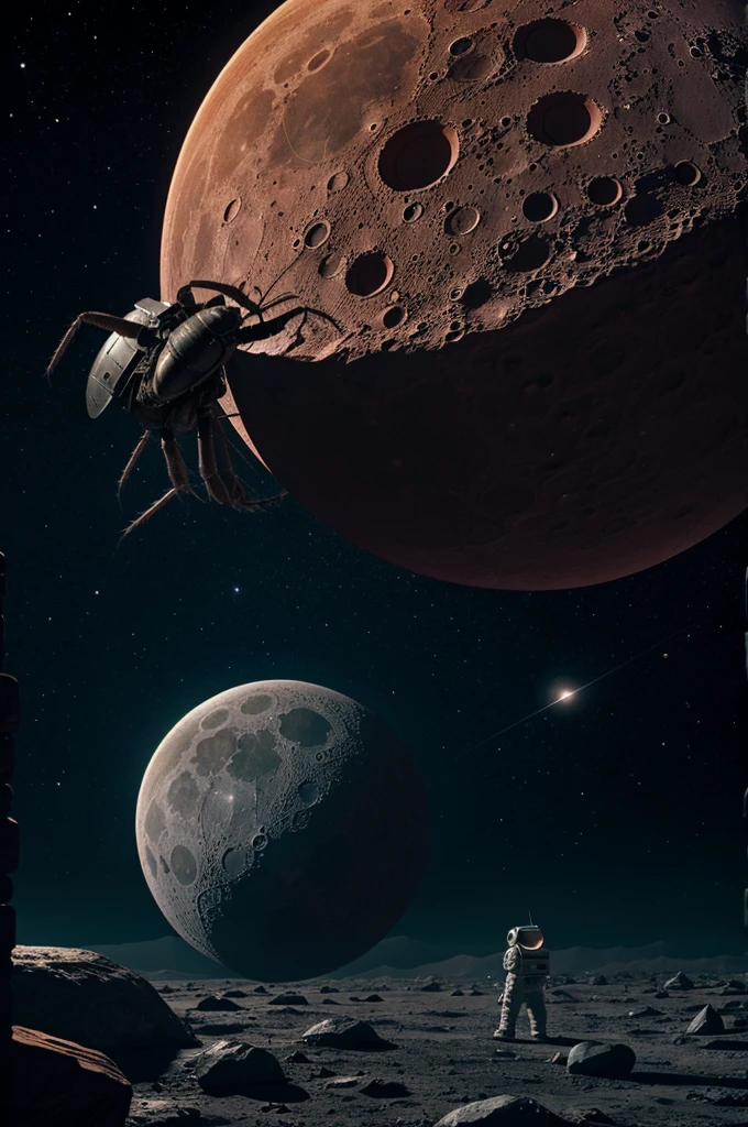 A giant louse sucking the blood of the moon, little astronauts are found looking, 4k resolution, moebius style