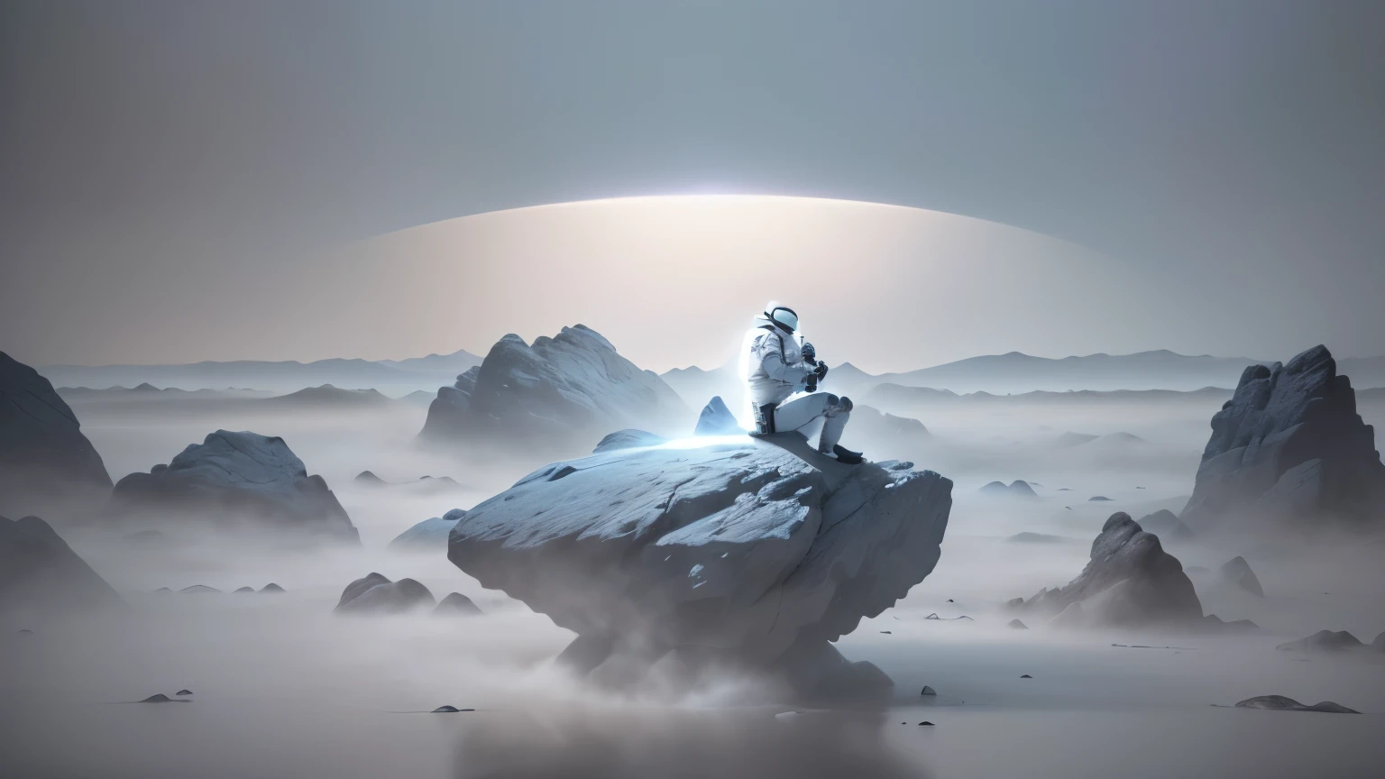 arafed image of astronaut sitting on rocks in misty area, inspired By Michal Kaltz, By Michal Kaltz, Inspired by Michal Kartz, An ethereal still painting, Hyper-realistic 3D rendering, 3d minimalist art, depicted as a 3 d render, jon sibal. Volumetric Light, Digital Art Rendering