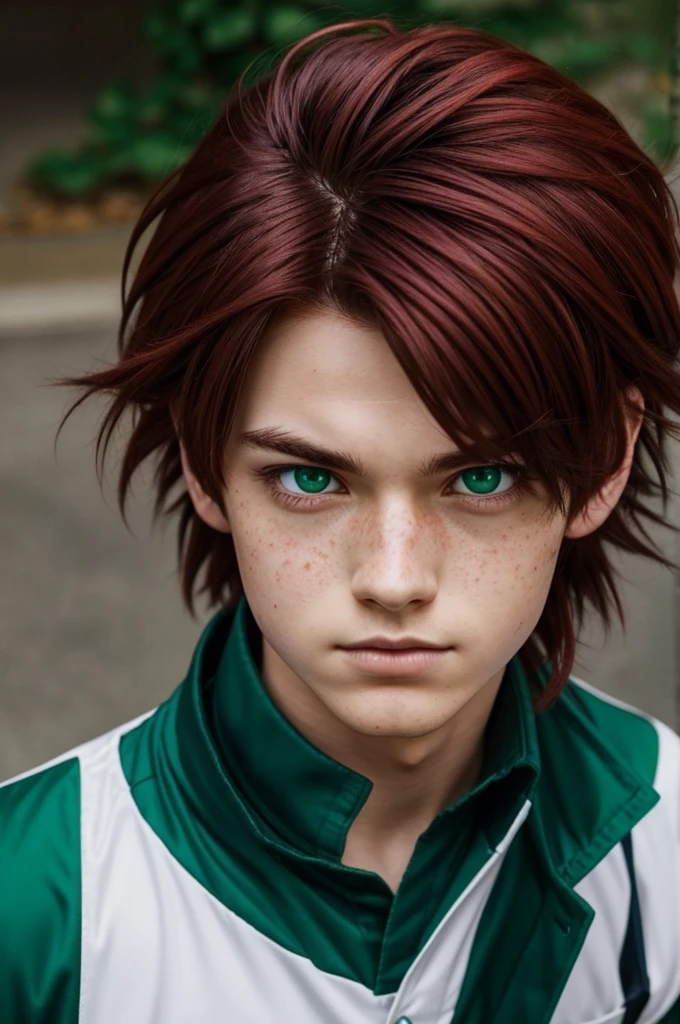 You could make a character in the style of the anime my hero academia With dark red hair and dark green tips with green eyes like Emeralds and be a boy with freckles