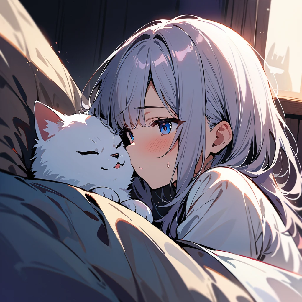 (masterpiece, best quality:1.2),rays of black light, 1 girl, Solitary,There is a white cat next to me,There is a red hairpin on the cat's head
