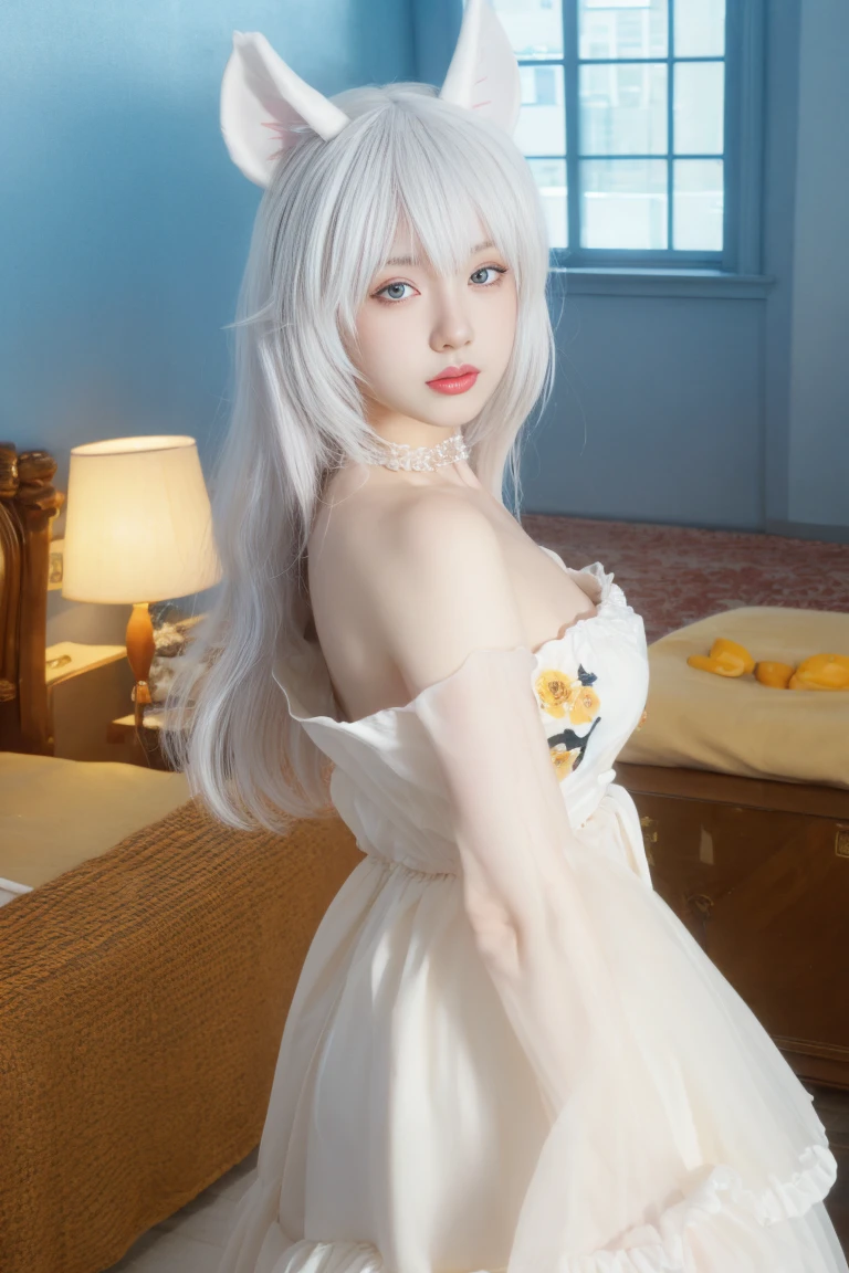 best quality, tmasterpiece,Ultra-high resolution,Clear face,（Reality：1.4），ferpect lighting，(upper body shot:1.7), (photorealistic:1.50), anime wallpaper, Guviz style artwork, cover-up fantasy up to magic , by Yang J, Guviz, beautiful artwork illustration, beautiful digital artwork, beautiful digital illustration, Li Song, beautiful anime portrait, art style in Beauvot,1girl, 独奏, long hair, Messy hair, (white hair), long hair, (animal ears:1.5), blue eyes, (white clothes),(white dress),bracelets, bare shoulders, Giant breast:1.3, plaid, gladiator sandals, standing, indoor, (Curtain background),Inside the house,