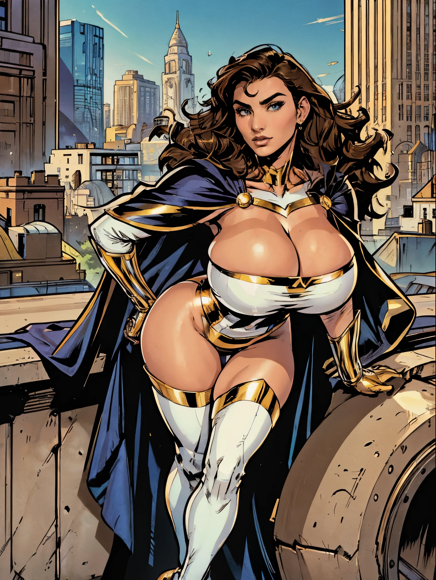 Gorgeous and sultry busty athletic (thin) brunette with sharp facial features and a (large nose) and (huge boobs) wearing a white and gold superhero leotard, cape, gloves, thigh-high boots. City skyline, rooftops.