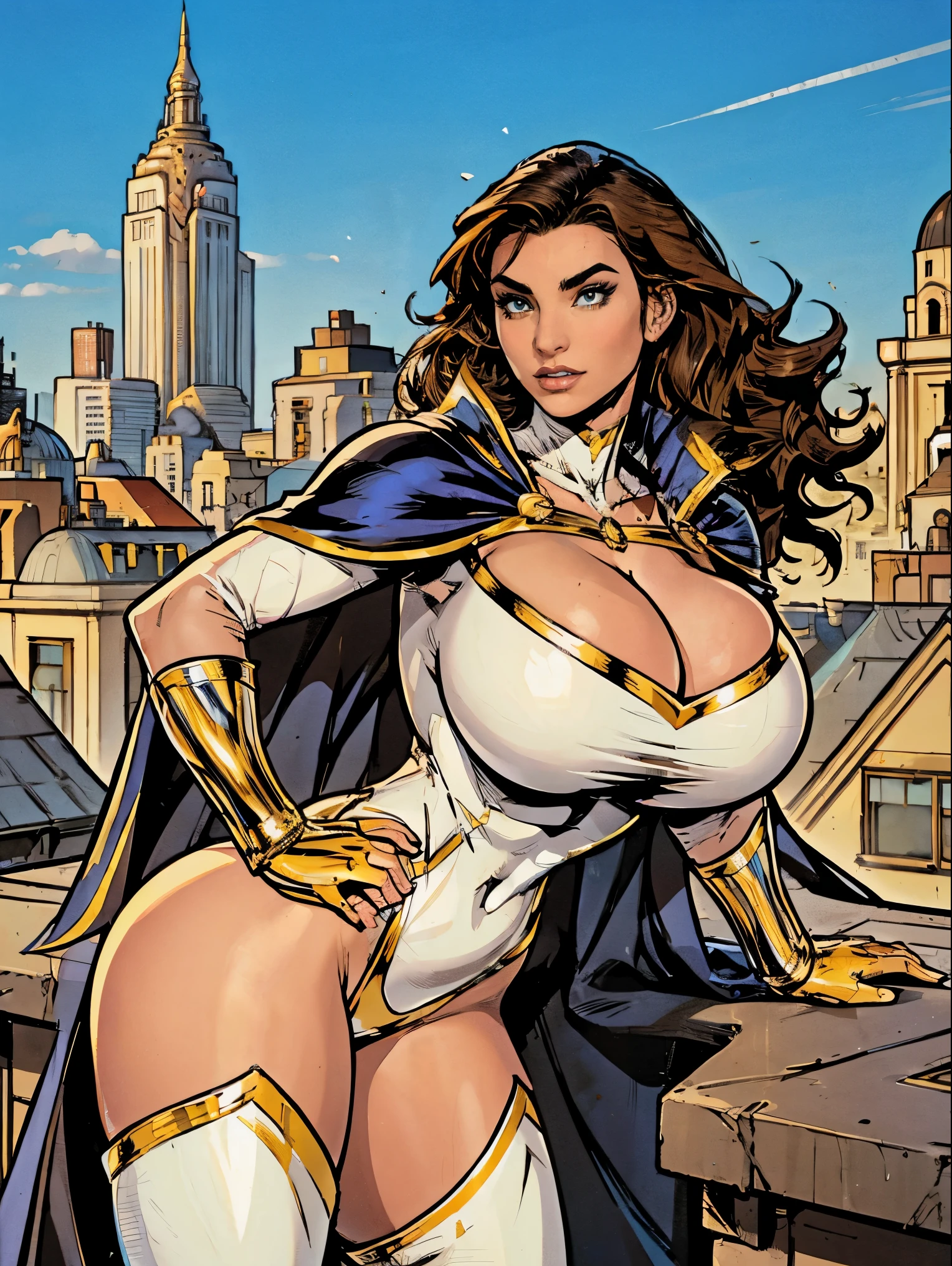 Gorgeous and sultry busty athletic (thin) brunette with sharp facial features and a (large nose) and (huge boobs) wearing a white and gold superhero leotard, cape, gloves, thigh-high boots. City skyline, rooftops.