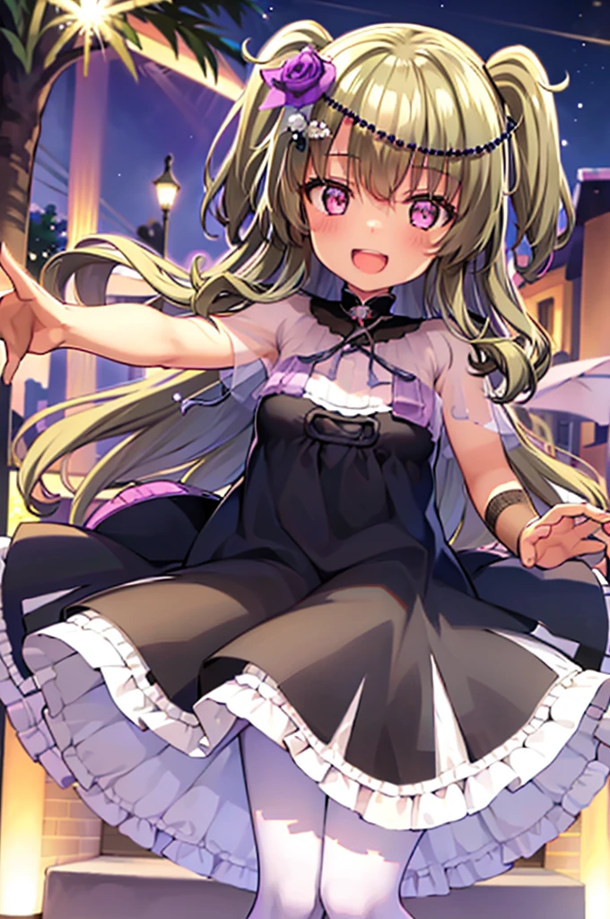 Himari Mei, masterpiece, , cute, flat chest, cute and shy smile, highly detailed sparkling brilliant purple eyes, open mouth slightly, standing in summer night,black dress, perfect body, detailed hands, detailed fireworks in the sky, outstretched arms for viewer, full body