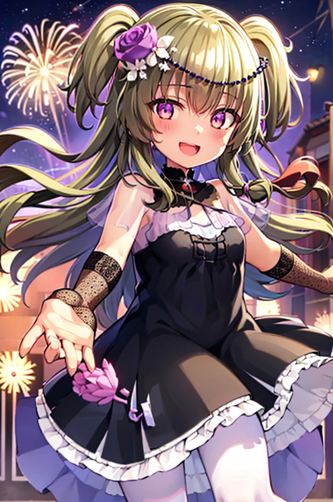Himari Mei, masterpiece, loli, cute, flat chest, cute and shy smile, highly detailed sparkling brilliant purple eyes, open mouth slightly, standing in summer night,black dress, perfect body, detailed hands, detailed fireworks in the sky, outstretched arms for viewer, full body