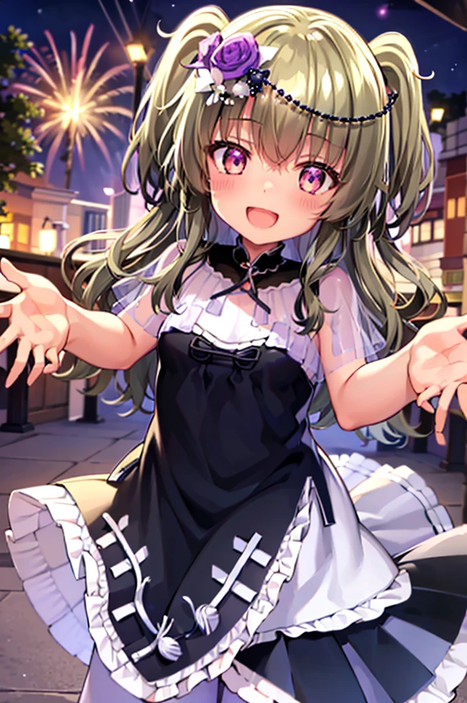 Himari Mei, masterpiece, li, cute, flat chest, cute and shy smile, highly detailed sparkling brilliant purple eyes, open mouth slightly, standing in summer night,black dress, perfect body, detailed hands, detailed fireworks in the sky, outstretched arms for viewer, full body