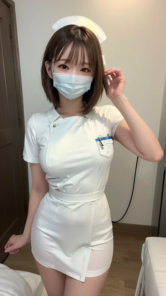 1 Girl,(Wearing white nurse clothes:1.2),(RAW Photos, Highest quality), (Realistic, photo-Realistic:1.4), masterpiece, Very delicate and beautiful, Very detailed, 2k wallpaper, wonderful, finely, Very detailed CG unity 8k wallpaper, Very detailedな, High resolution, Soft Light, Beautiful detailed girl, Very detailed eyes and face, Beautiful and detailed nose, finely beautiful eyes, nurse, Perfect Anatomy, Black Hair, Upstyle, nurse uniform, ((mask)), Long skirt, nurse, White costume, thin, hospital, clear, White Uniform, hospital room, Neck auscultation,Bobcut