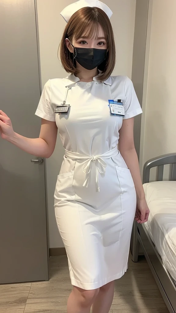 1 Girl,(Wearing white nurse clothes:1.2),(RAW Photos, Highest quality), (Realistic, photo-Realistic:1.4), masterpiece, Very delicate and beautiful, Very detailed, 2k wallpaper, wonderful, finely, Very detailed CG unity 8k wallpaper, Very detailedな, High resolution, Soft Light, Beautiful detailed girl, Very detailed eyes and face, Beautiful and detailed nose, finely beautiful eyes, nurse, Perfect Anatomy, Black Hair, Upstyle, nurse uniform, ((mask)), Long skirt, nurse, White costume, thin, hospital, clear, White Uniform, hospital room, Neck auscultation,Bobcut