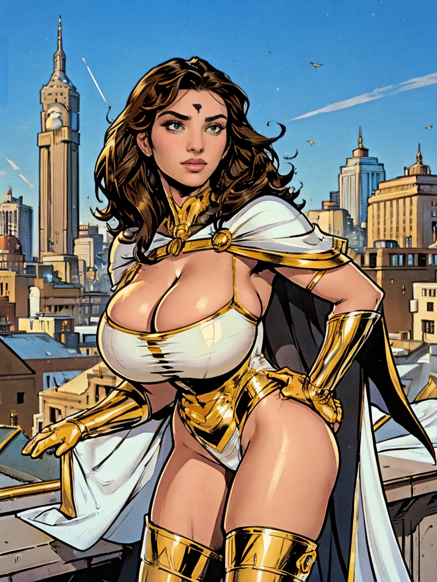 Gorgeous and sultry busty athletic (thin) brunette with sharp facial features and a (large nose) and (huge boobs) wearing a white and gold superhero leotard, cape, gloves, thigh-high boots. City skyline, rooftops.