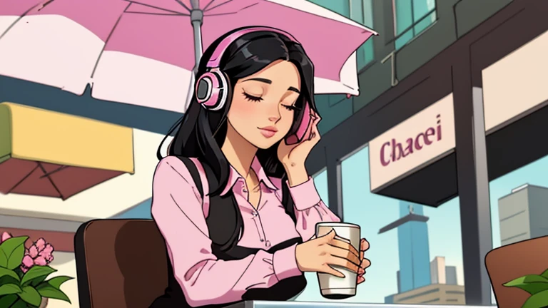 Beautiful woman in her 30s with black hair is sitting with headphones on the cafe terrace. Looking down, eyes closed, LOFI girl, alone in the room, pink blouse, relaxing mood, cozy, only five fingers, new york, colorful, Well-proportioned face, coffee cup