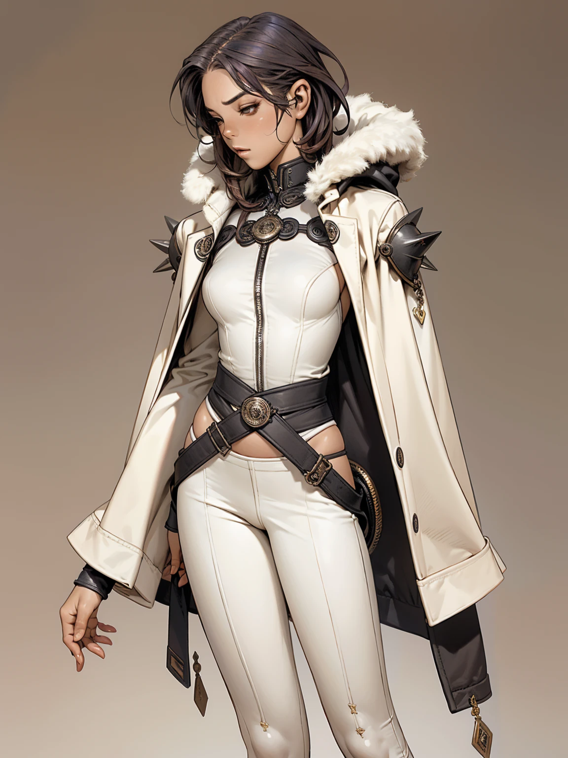 slim, fancy,COMICS,elves,DRADRAGÕES,princesses,goddesses,Personagens,CHARACTERISTICS,role model,belle, (((best qualityer: 1.4))),(Unbeatable masterpiece), (hiper HD),(CG 8k hyper-realistic), colored hair, ((( perfectbody ))), (((1 Kizi solo))), Bounty hunter in a futuristic manga, Kizi sexy de 25 anos com perfectbody, Beautiful and well-groomed face, muscular body:1.2, solid color detailed jacket, (Head to thigh photos), Complex equipment, long pants, Tight, dark-colored clothing, With white stars and white stripes, Metal electronic parts on the armature, INFO, Kizi, (((standing alone))), pirralha violent, 14歳, sexy, pose de atitude, work of art, post-apocalypse, (((manga style))), bounty hunter, violent, Manic, the way you want, slenderbody, thin but strong, perfectbody, roupa moderna, advanced technology, messy bob hair, colored hair, (((best qualityer))), mini skirt, shorts or pants with pleats with a checkered pattern in red and black, fur collar jacket with spikes, sleeves with vertical striped pattern, neutral background, (( cowboy shot )). Simple background without details