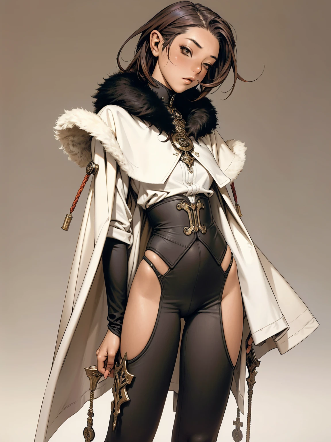 (((Annie Lennox))), (((best qualityer: 1.4))), (Unbeatable masterpiece), (hiper HD),(CG 8k hyper-realistic), (((breasts big))), (((hyper feminine))), sexy girl, black tattoo,（ultra short red hair)), ((( sculptural body ))), (((1 Kizi))), Kizi tatuada de 25 anos com perfectbody,,Beautiful and well-groomed face,muscular body:1.2,solid color detailed jacket, (Head to thigh photos)， Complex equipment, green dark，long pants，Tight clothes are dark，With white stars and off-white stripes,,,,,Armor Metal Electronic Parts, Poison tattoos ) INFO, Kizi, (((standing alone))), pirralha violent, ((())), sexy, pose de atitude, work of art, post-apocalypse, (((manga style))), bounty hunter, violent, Manic, the way you want, slenderbody, thin but strong, perfectbody, roupa moderna, advanced technology, Pleated mini skirt with checkered pattern in red and black, fur collar jacket, sleeves with vertical striped pattern, neutral background, (( cowboy shot )). intricate visual