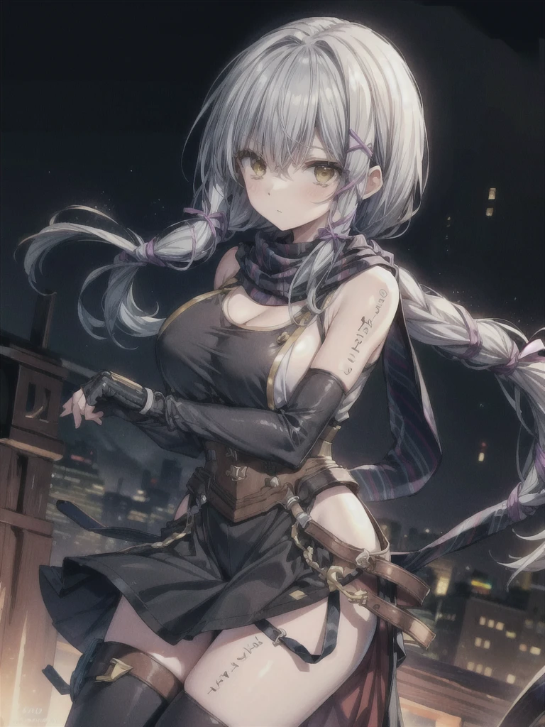 (masterpiece, highest quality, Perfect Anatomy, Fabric Shading, gleaming skin, Glowing Skin, Detailed skin),BREAK,
(clair lasbard), 
(long ponytail, hair ribbon, striped scarf, black dress, corset, belt, fingerless gloves, thigh boots),
 
Full Body, fighting pose, serious expression, BREAK, 
back, lift up butt, huge breasts, wide open cleavage), BREAK,

Late Night, Dark, BREAK