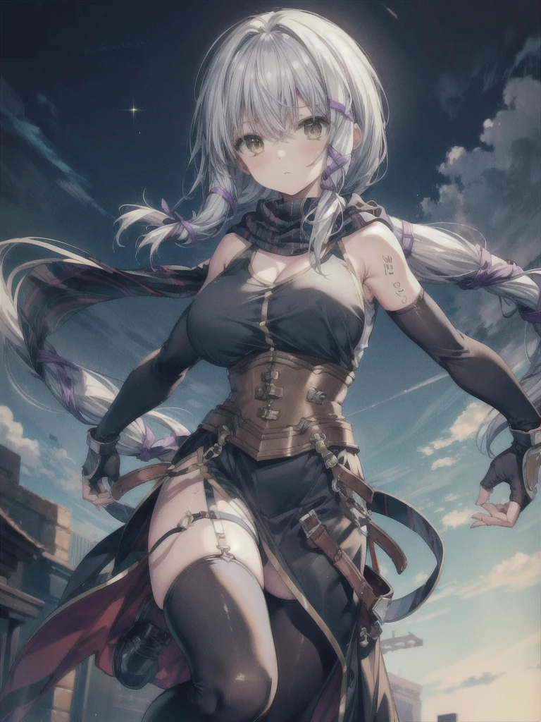 (masterpiece, highest quality, Perfect Anatomy, Fabric Shading, gleaming skin, Glowing Skin, Detailed skin),BREAK,
(clair lasbard), 
(long ponytail, hair ribbon, striped scarf, black dress, corset, belt, fingerless gloves, thigh boots),
 
Full Body, fighting pose, serious expression, BREAK, 
back, lift up butt, huge breasts, wide open cleavage), BREAK,

Late Night, Dark, BREAK