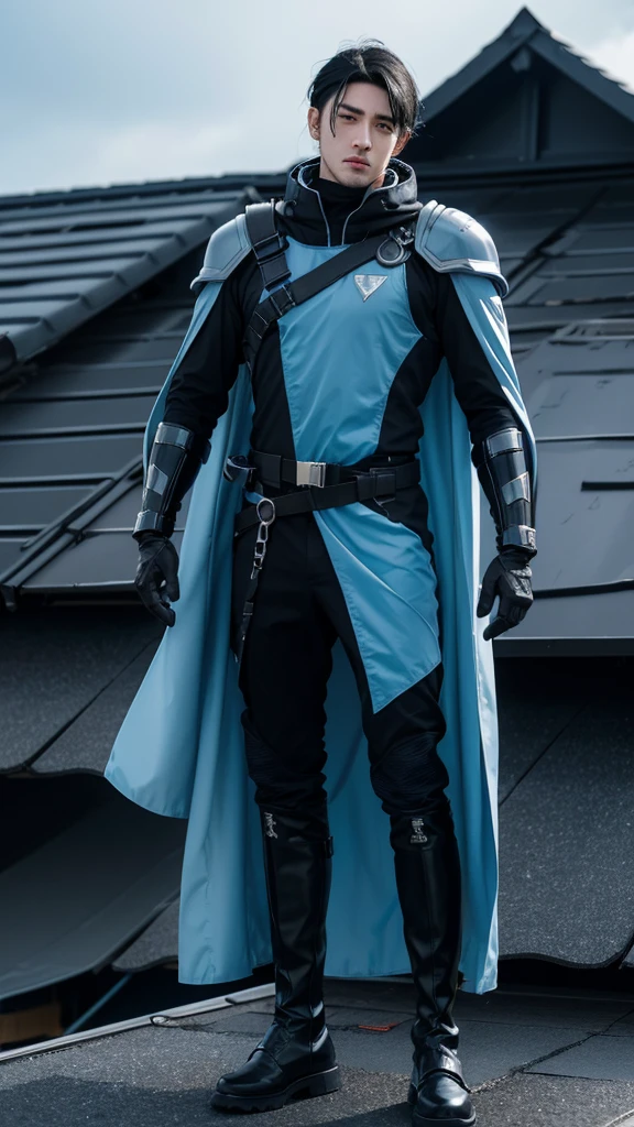 anime style, adult caucasian man, with futuristic black and light blue military armor, with a blue cloak, with black boots, with black eyes with red pupils, with black gloves, with long black hair, on the roof of a building, full body image