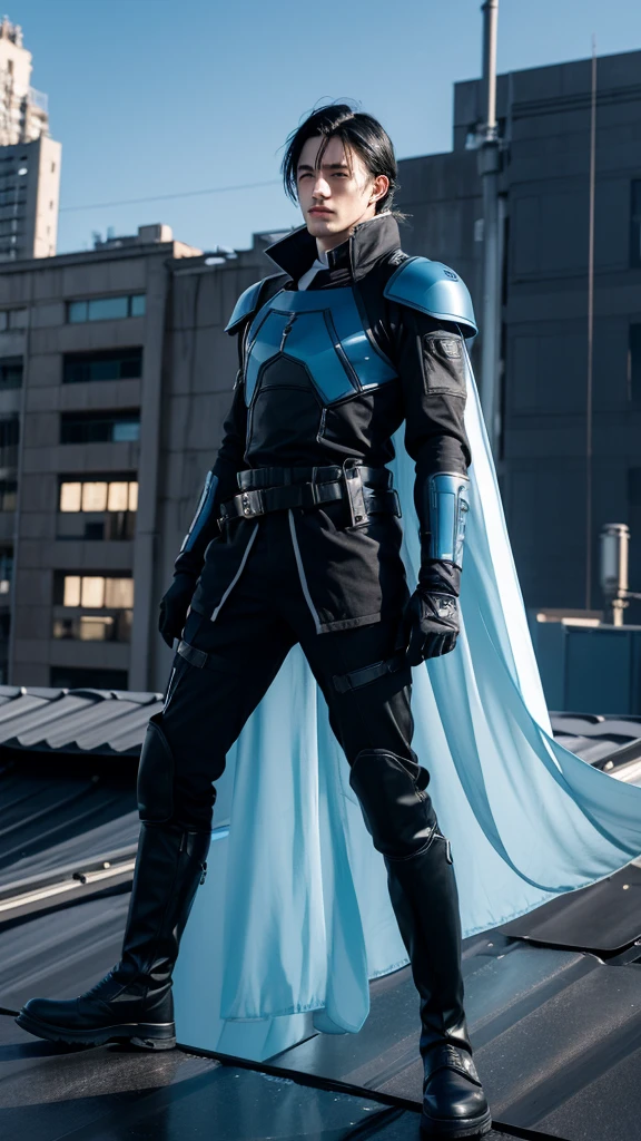 anime style, adult caucasian man, with futuristic black and light blue military armor, with a blue cloak, with black boots, with black eyes with red pupils, with black gloves, with long black hair, on the roof of a building, full body image