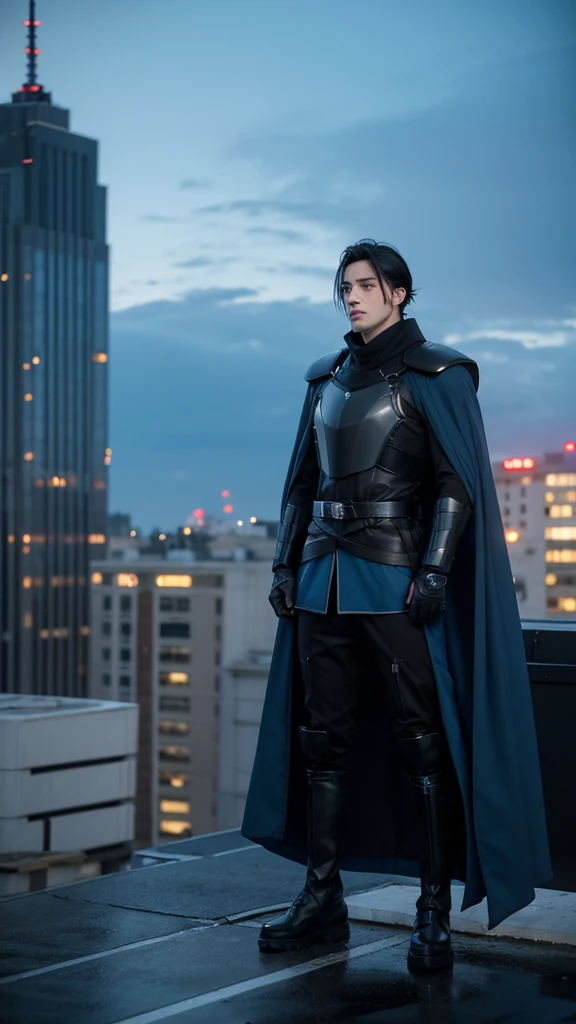 anime style, adult caucasian man, with futuristic black and light blue military armor, with a blue cloak, with black boots, with black eyes with red pupils, with black gloves, with long black hair, on the roof of a building, full body image