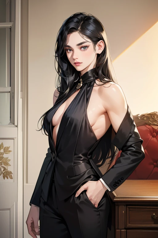 (table top, digital art, digital illustration, 4K, 8K, super detailed, beautiful images, clear image, realistic, RAW photo, perfect face, perfect lines, perfect eyes, soft lighting) 1 female, (long black hair,straight hair,Bullish gaze,beautiful woman,Solid makeup,23 year old female,small breasts:1.3),secretary, Two handsome men in suits, (human,Men in suits,muscular,Firm shoulder width,adult male,boyish hairstyle,british gentleman's style,A man in his 30s with a cool expression,28-year-old man with bright smile:1.2),Bright Western-style room、white wall、couple dancing、light