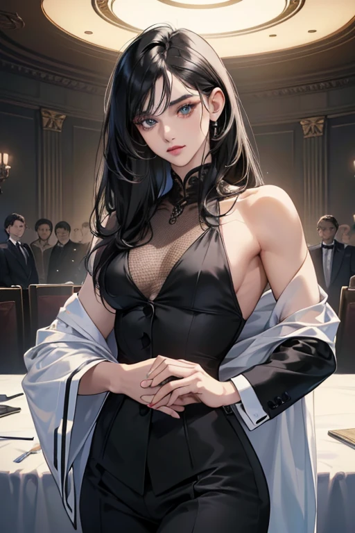 Ji-won, with long, flowing hair, wearing a stunning, elegant dress showing her great sexy figure. showing her beauty and sexiness through that dress She stands confidently in the center, exuding strength and grace. On either side of her, two handsome young men next to her either side grabbed her by waist