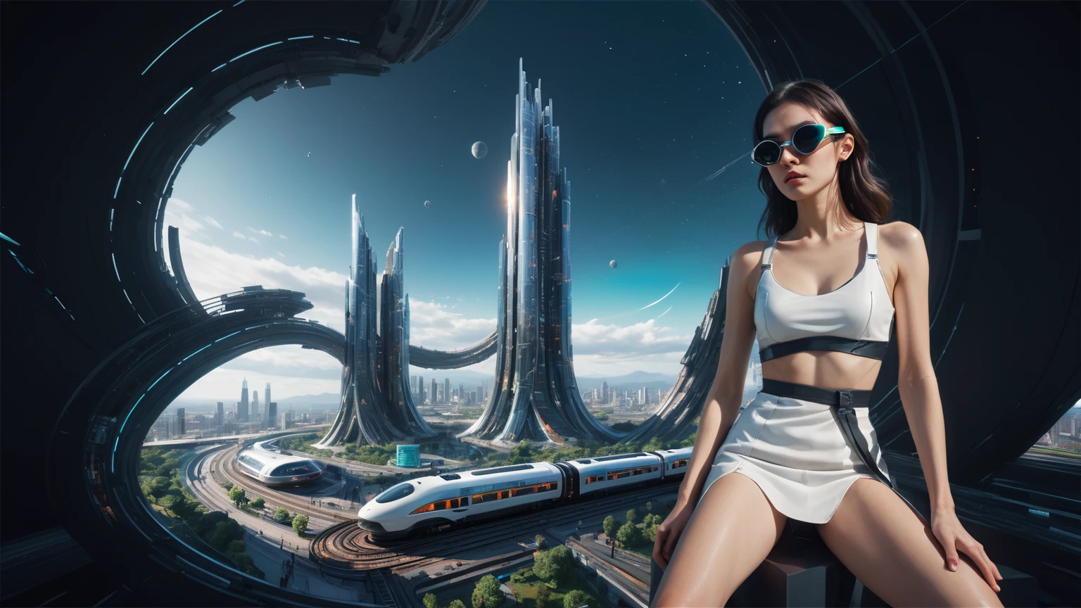 Brightly colored abstract aerial view image of a futuristic railway station with a spiral, a (((((futuristic all-glass train))))) passing by, epic beautiful space sci-fi, chaotic cinematic space rift, Greg Beeple, planets colliding, Beeple and Tim Hildebrandt, Beeple and Jean Giraud, end of the universe, (((((giant abstract sculpture))))), galaxy space sci-fi, ringworld, by Mike "Beeple" Winkelmann. Matrix style, (((((Matrix cascading code))))), (((((a futuristic twin tower skyscraper with a unique twisted design))))), (((((OLED GUI interfaces in the building))))), at night, (((((1girl, solo))))), photo realistic, (((large-breast:1.5 body, cleavage:1.4))), (((off broken mini sling-shirt and black sling bra, extreamly short pleated miniskirt exposing panty))), (((((running pose))))), (((((((matrix style black micro sunglasses))))))), ((((((((((aiming with a short gun)))))))))), (((((looking at camera))))), (((very low view))), (((((half-body thigh level medium shot))))), (((cinematic lighting))).