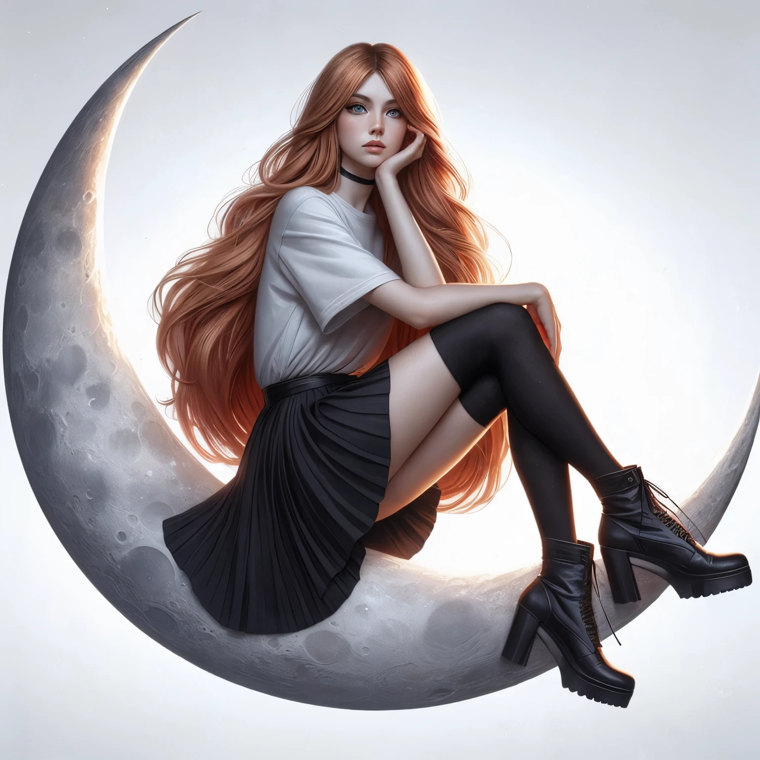 realism, Moon Queen sitting on a crescent moon 8k resolution, solo, long red-blonde hair, skirt, simple background, brown hair, shirt, black hair, tall sox, white background, blue eyes, boots, black highs, black footwear, tall boots, crossed arms, t-shirt