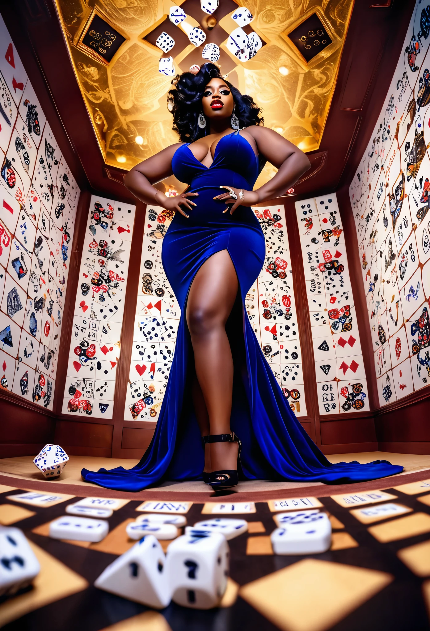 fish eye lens view from a low angle shot of a curvy Black woman in a beautiful dress standing in a dice designed room, with rolling dice designs on the walls, floor and ceilings, 32k ultra HD