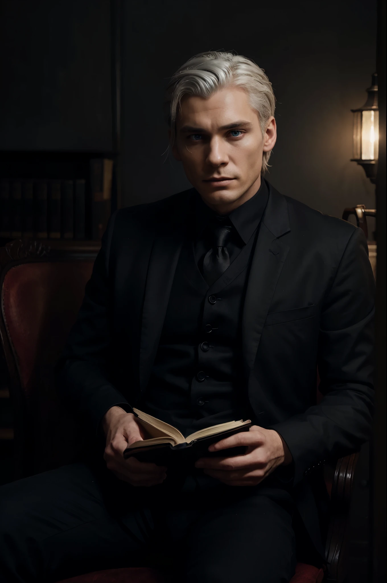 a handsome man, 25 years old, sickly, in a black suit sitting down on a red chair reading a book, extremely detailed face, beautiful blue eyes, white hair, detailed portrait of a sinister librarian, inspired by Ushiromiya Battler and Kinzo, Cillian Murphy's facial features, call of cthulhu style, photorealistic, dramatic lighting, chiaroscuro, cinematic composition, intricate details, dark color palette, moody atmosphere