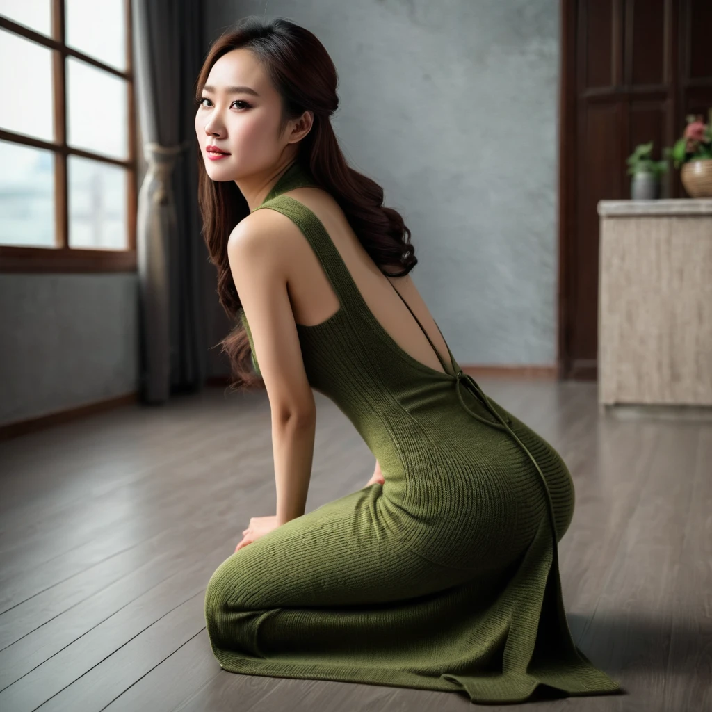 Realistic, high quality, Chinese woman wearing a maxi bodycon dress, knit dress, seated on knees on floor, bending over,  rear view 