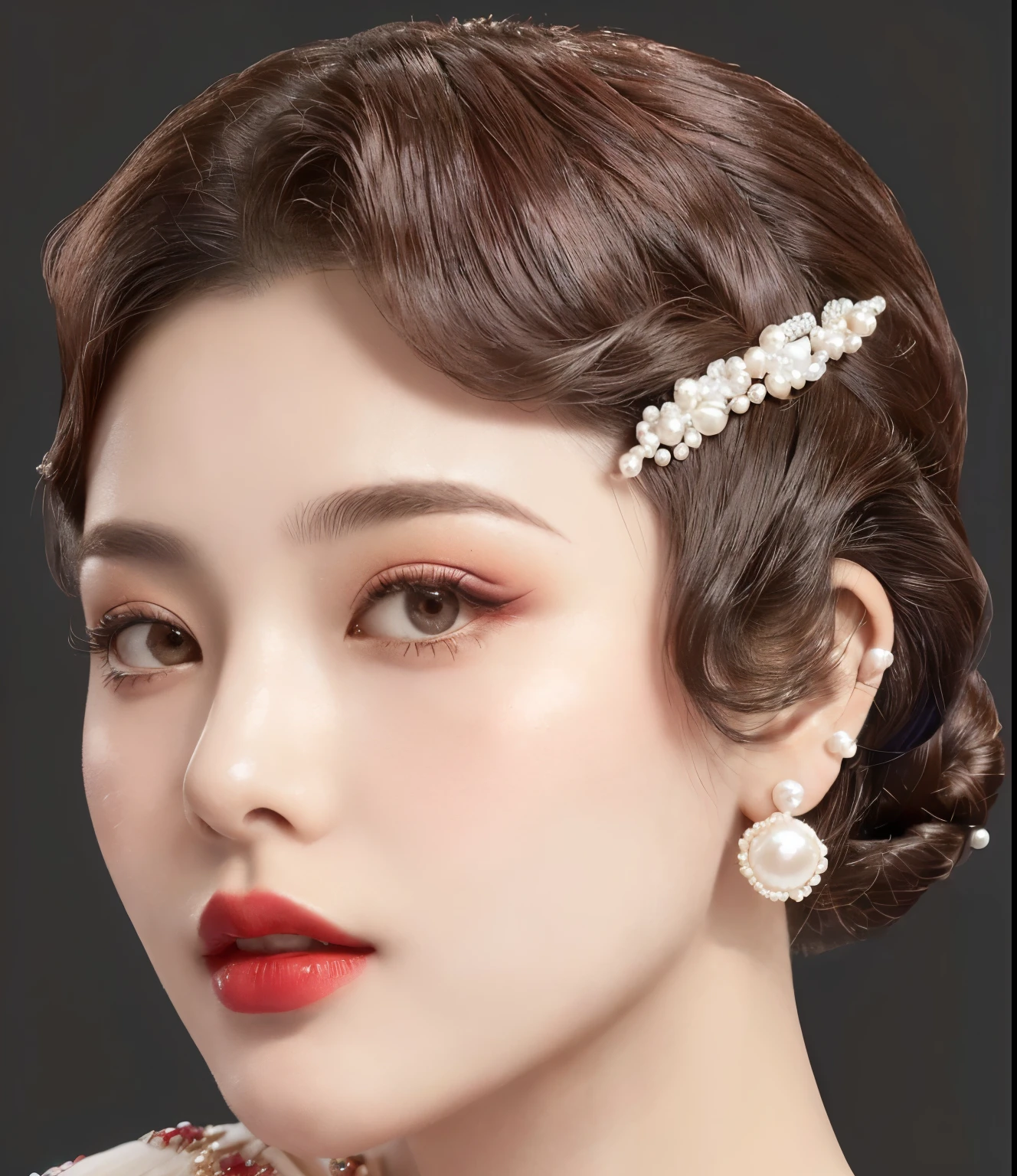 Wearing a pearl hair comb、Arav woman wearing red lipstick, up face with 1 9 2 0 Hairstyle, 1 9 2 0 Hairstyle, 1 9 2 0 Hair, Wearing 1 9 2 0 cloth hair, Elegant court hairstyle, Wear pearl earrings, Wear pearl earrings的少女, Symmetrical Japanese Pearl, sha xi