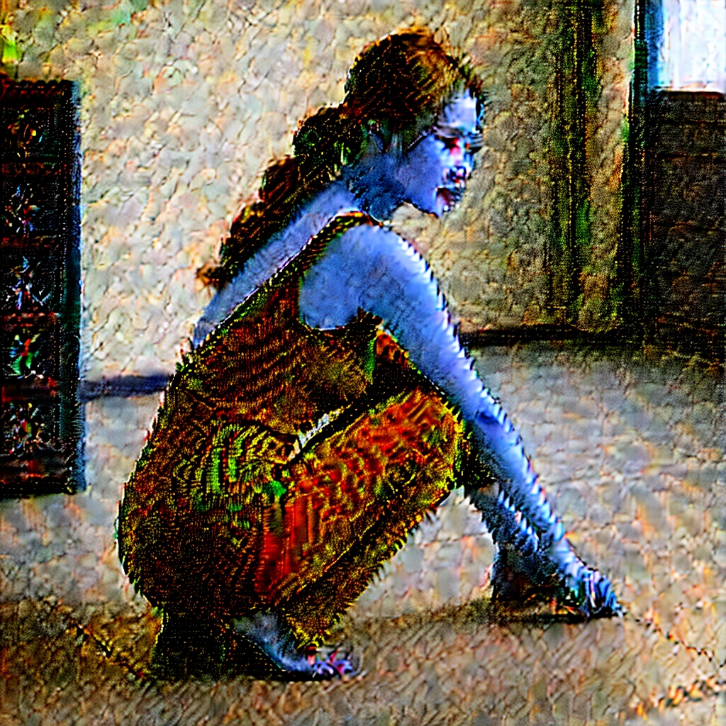 Realistic, high quality, Chinese woman wearing a maxi bodycon dress, knit dress, seated on knees on floor, bending over,  rear view 