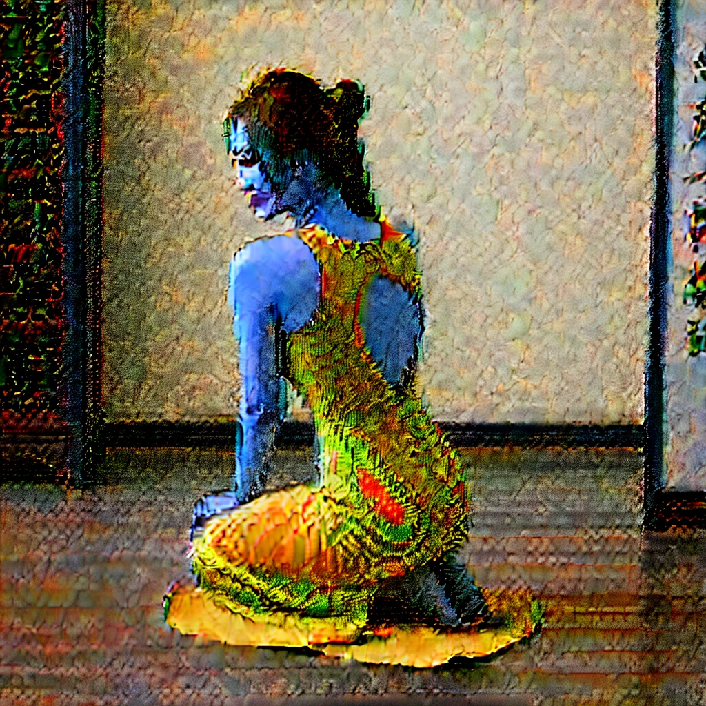 Realistic, high quality, Chinese woman wearing a maxi bodycon dress, knit dress, seated on knees on floor, bending over, rear view