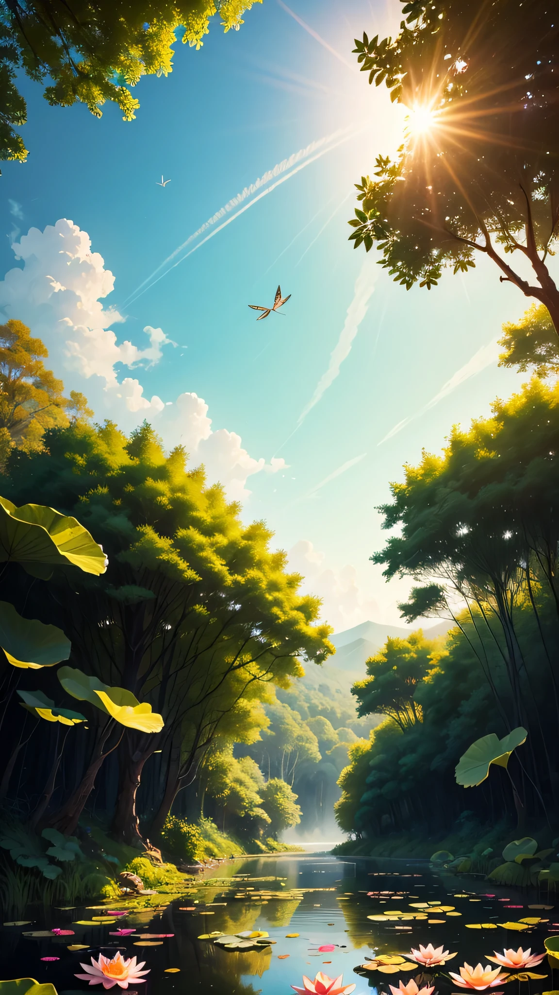 masterpiece, A view of the sky and wilderness from below, Beautifully, Beautiful scenery deep in the lotus pond, dragonfly , (rich and colorful, Sunlight, Cold Light: 1.2) Lotus leaves in the pond. High quality High quality