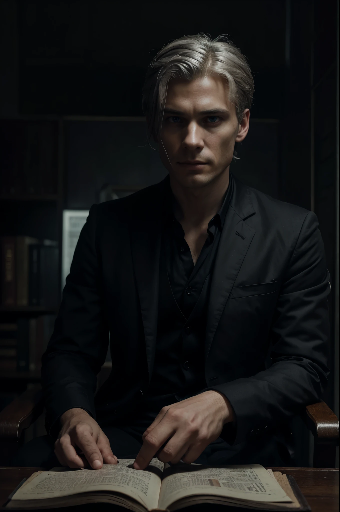 a handsome man, 25 years old, sickly, in a black suit sitting down on a red chair reading a book, extremely detailed face, beautiful blue eyes, white hair, detailed portrait of a sinister librarian, inspired by Ushiromiya Battler and Kinzo, Cillian Murphy's facial features, call of cthulhu style, photorealistic, dramatic lighting, chiaroscuro, cinematic composition, intricate details, dark color palette, moody atmosphere